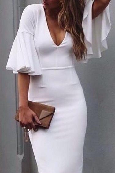 Women Sexy V Neck Elegant White Puff Sleeve Button Up Dress Fashion Fitted Party Dress - shopwomanstore