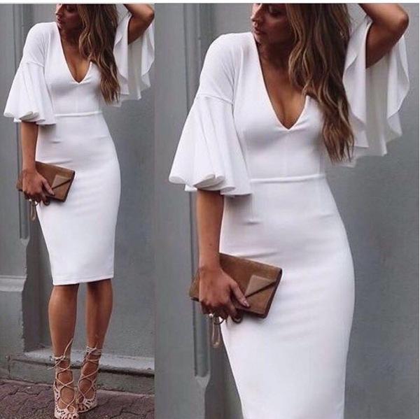 Women Sexy V Neck Elegant White Puff Sleeve Button Up Dress Fashion Fitted Party Dress - shopwomanstore