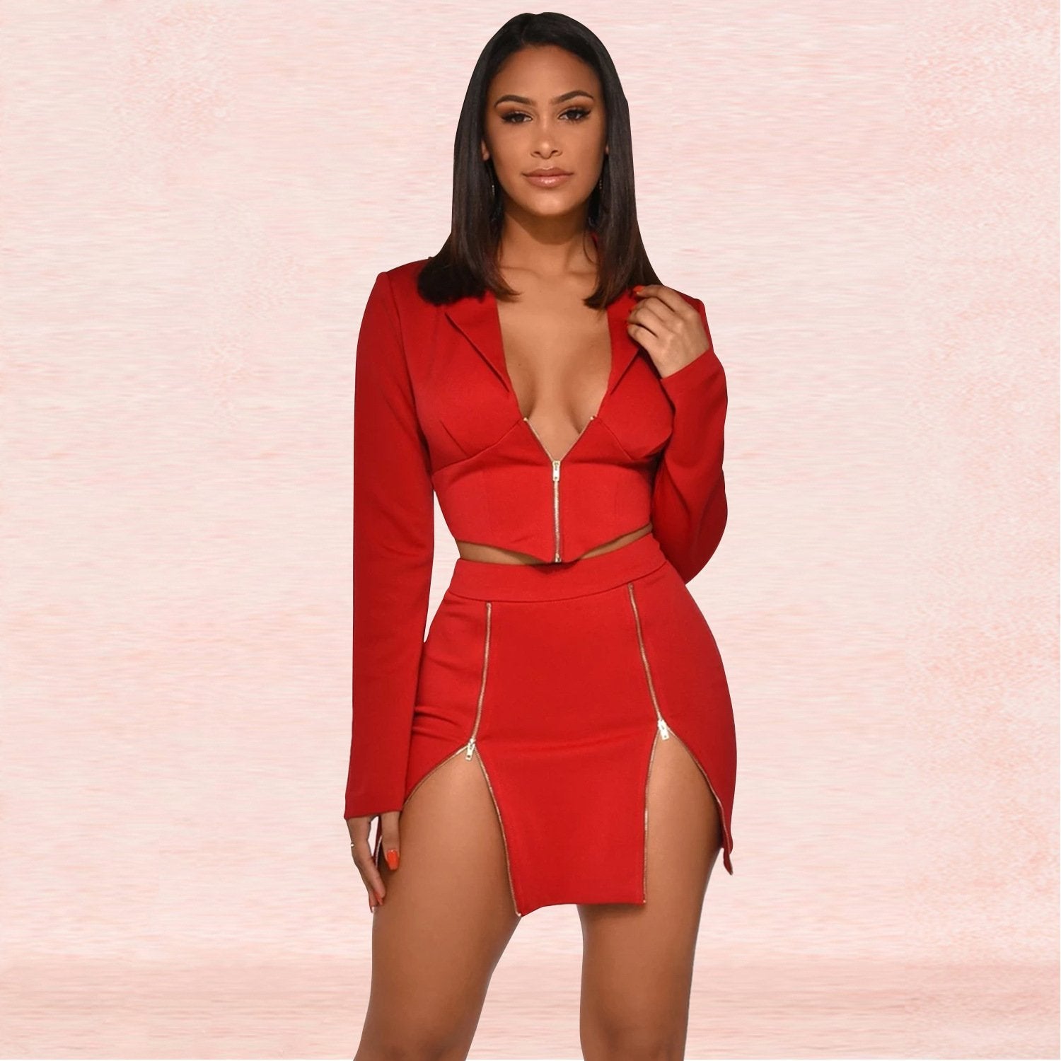 Sexy Crop Top Two Piece Club Outfits Zipper Long Sleeve - shopwomanstore