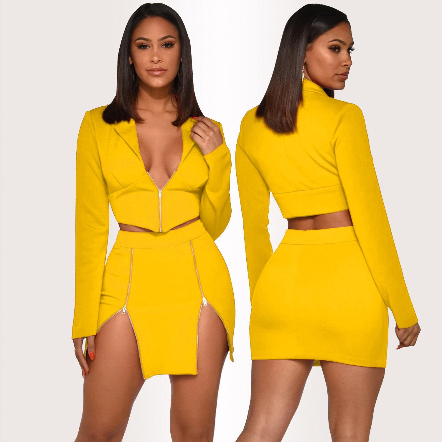 Sexy Crop Top Two Piece Club Outfits Zipper Long Sleeve - shopwomanstore