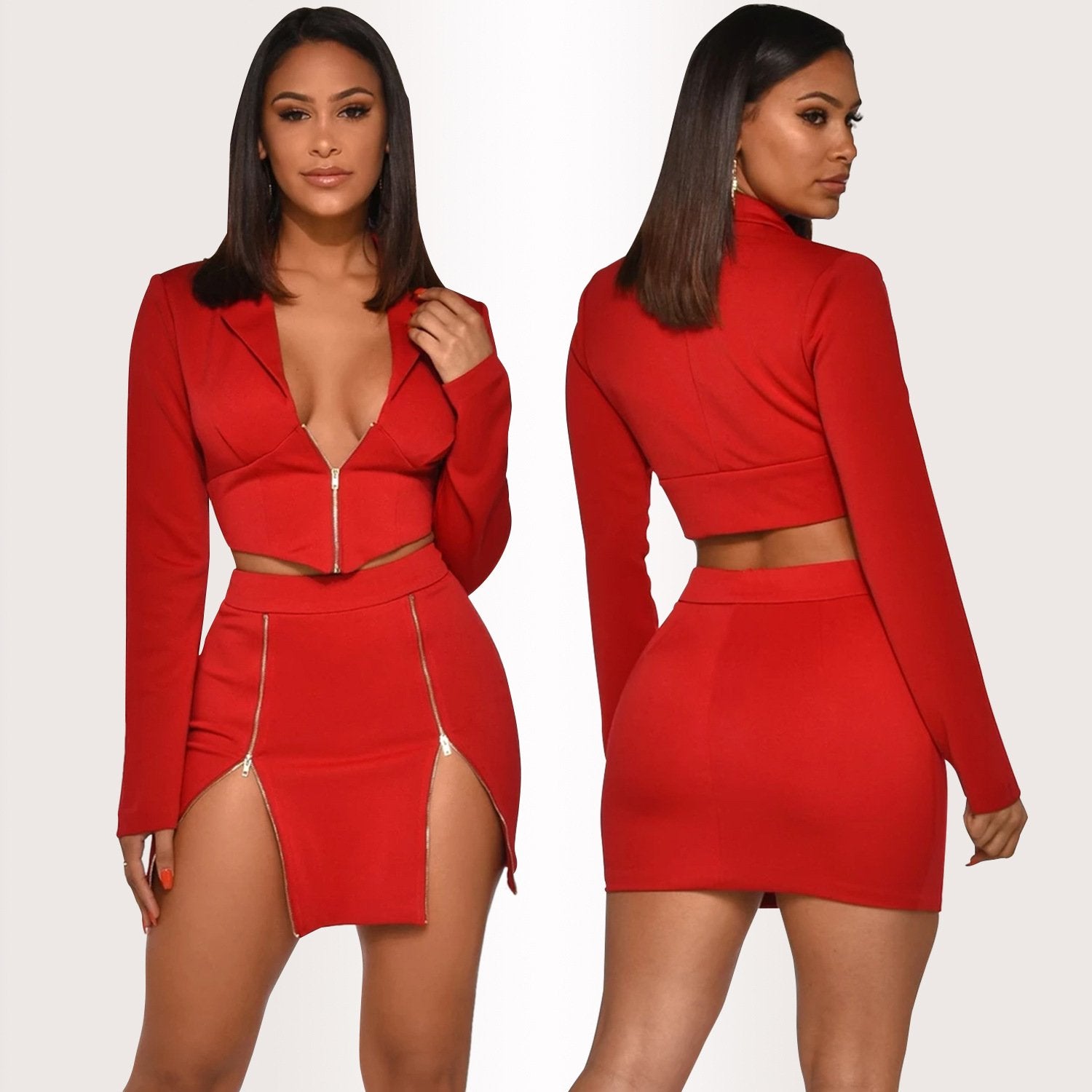 Sexy Crop Top Two Piece Club Outfits Zipper Long Sleeve - shopwomanstore