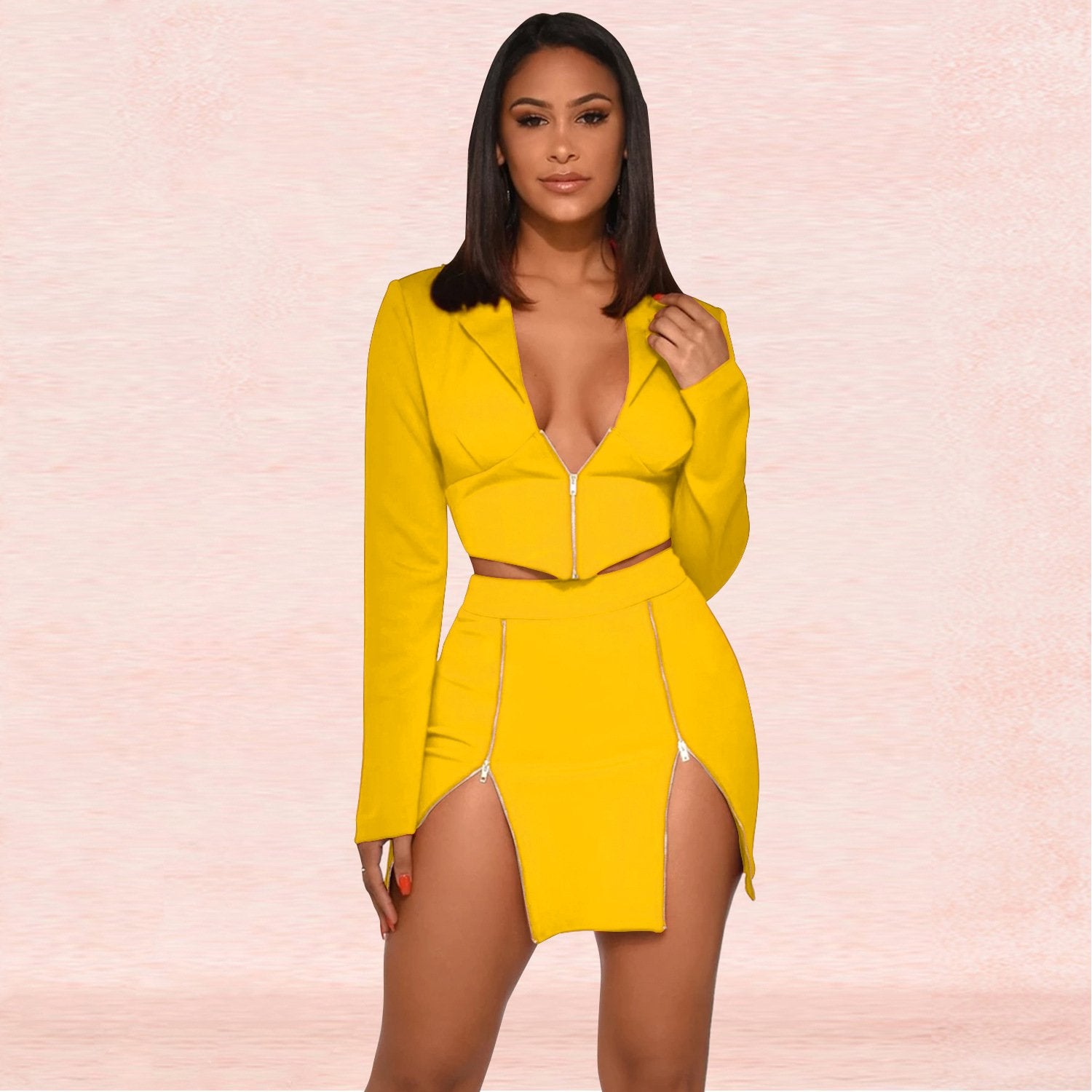 Sexy Crop Top Two Piece Club Outfits Zipper Long Sleeve - shopwomanstore