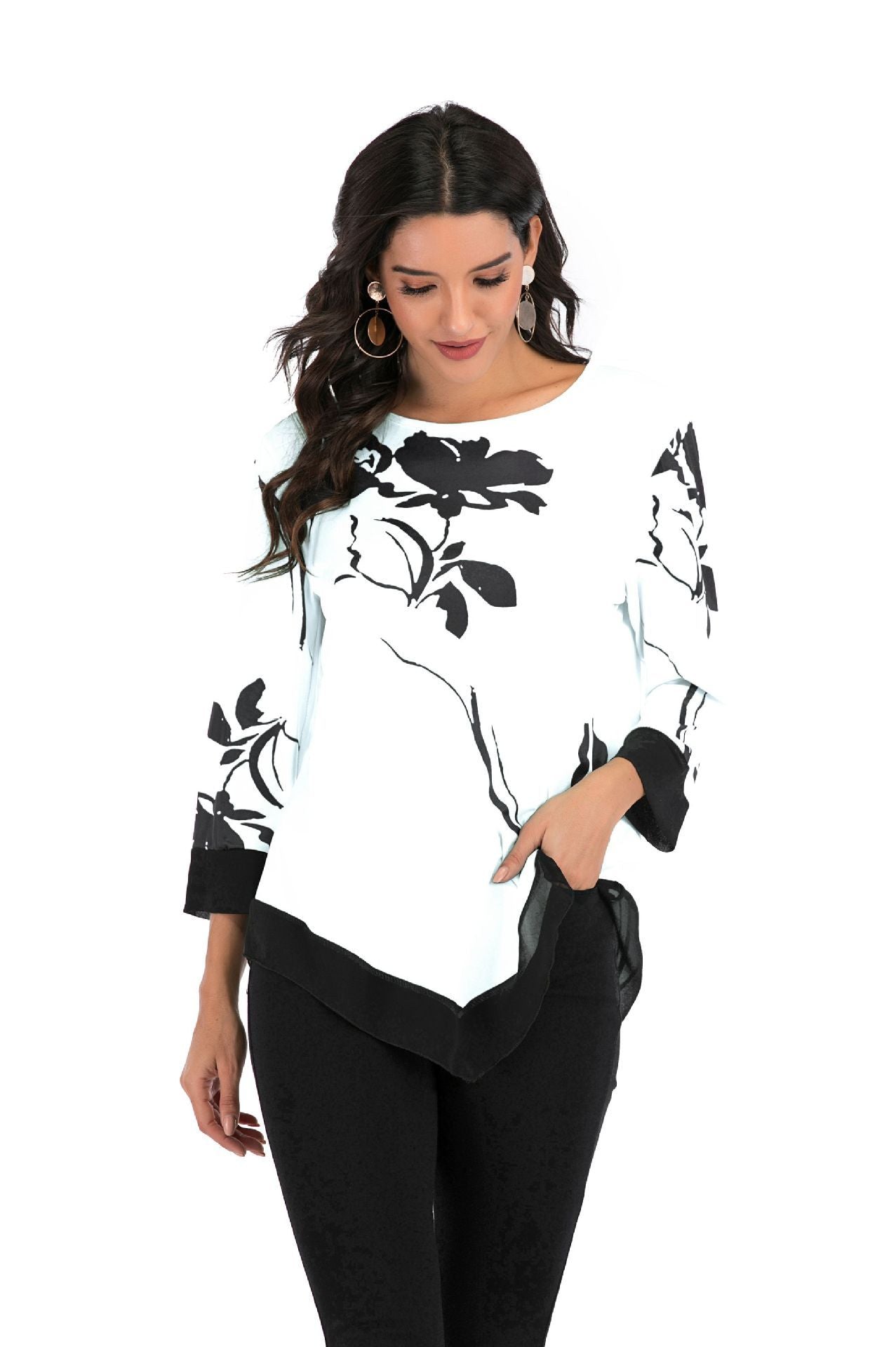 New 2020 Shirt Women Spring Summer Floral Printing Blouse 3/4 Sleeve Casual Hem Irregularity Female fashion shirt Tops Plus Size - shopwomanstore