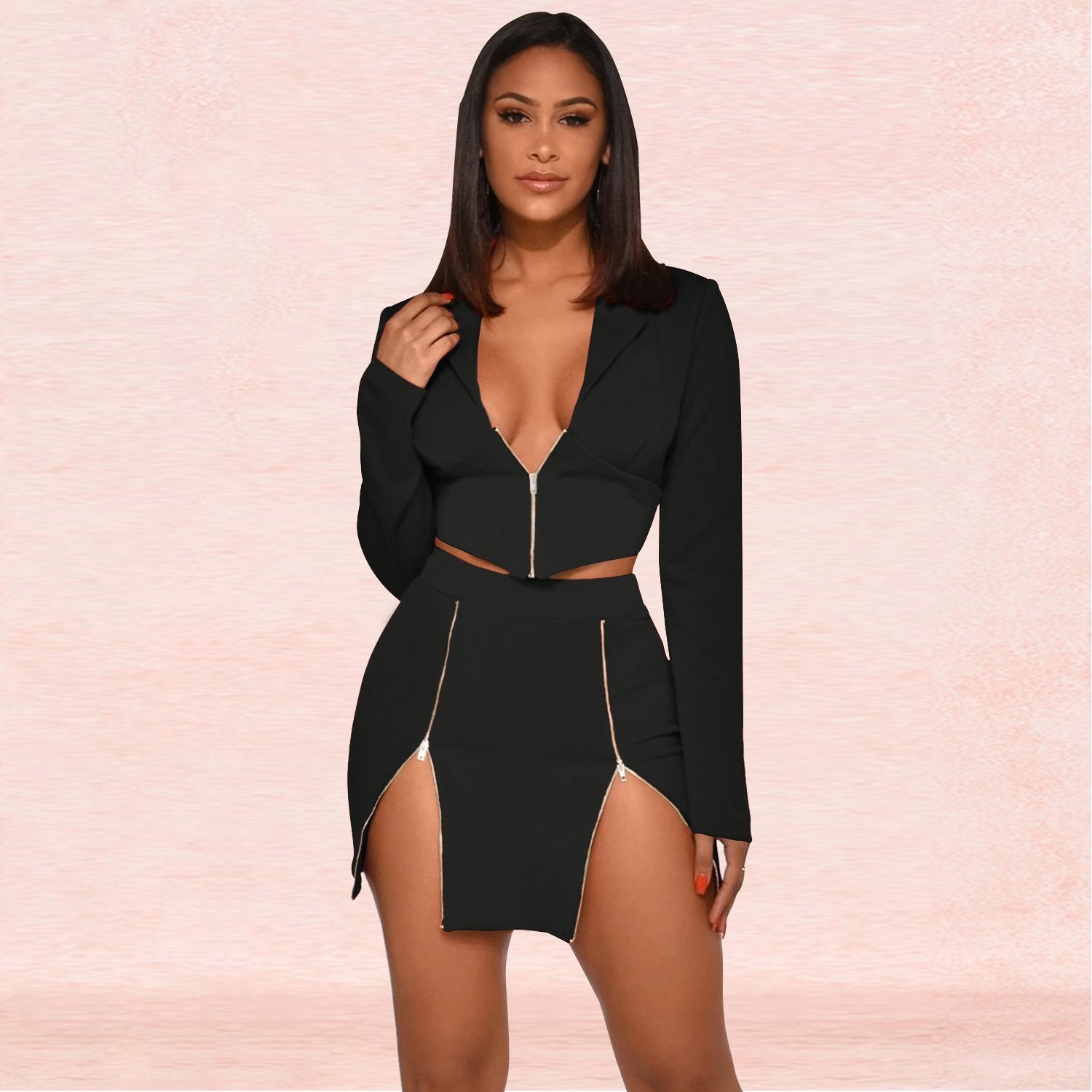 Sexy Crop Top Two Piece Club Outfits Zipper Long Sleeve - shopwomanstore