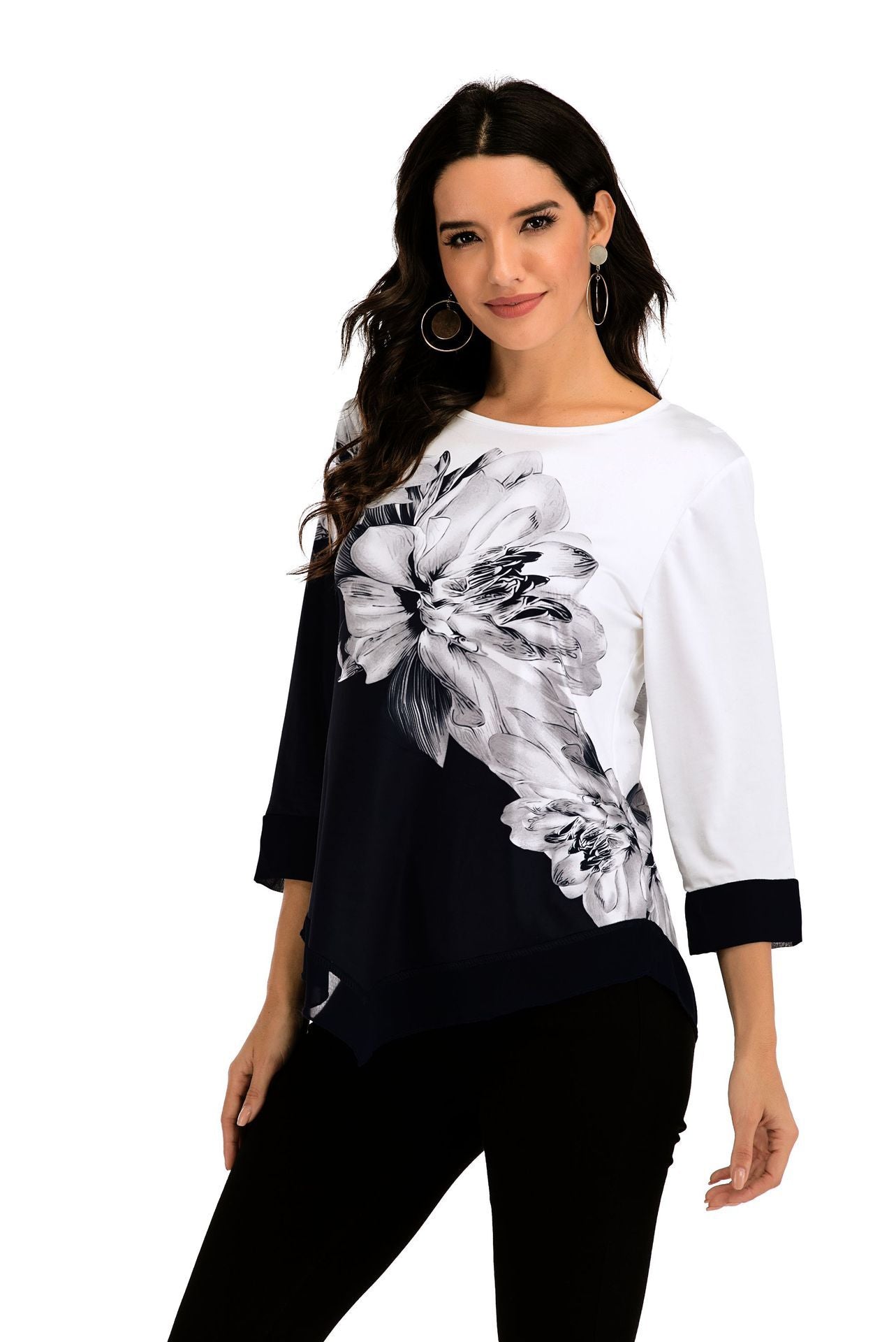 New 2020 Shirt Women Spring Summer Floral Printing Blouse 3/4 Sleeve Casual Hem Irregularity Female fashion shirt Tops Plus Size - shopwomanstore