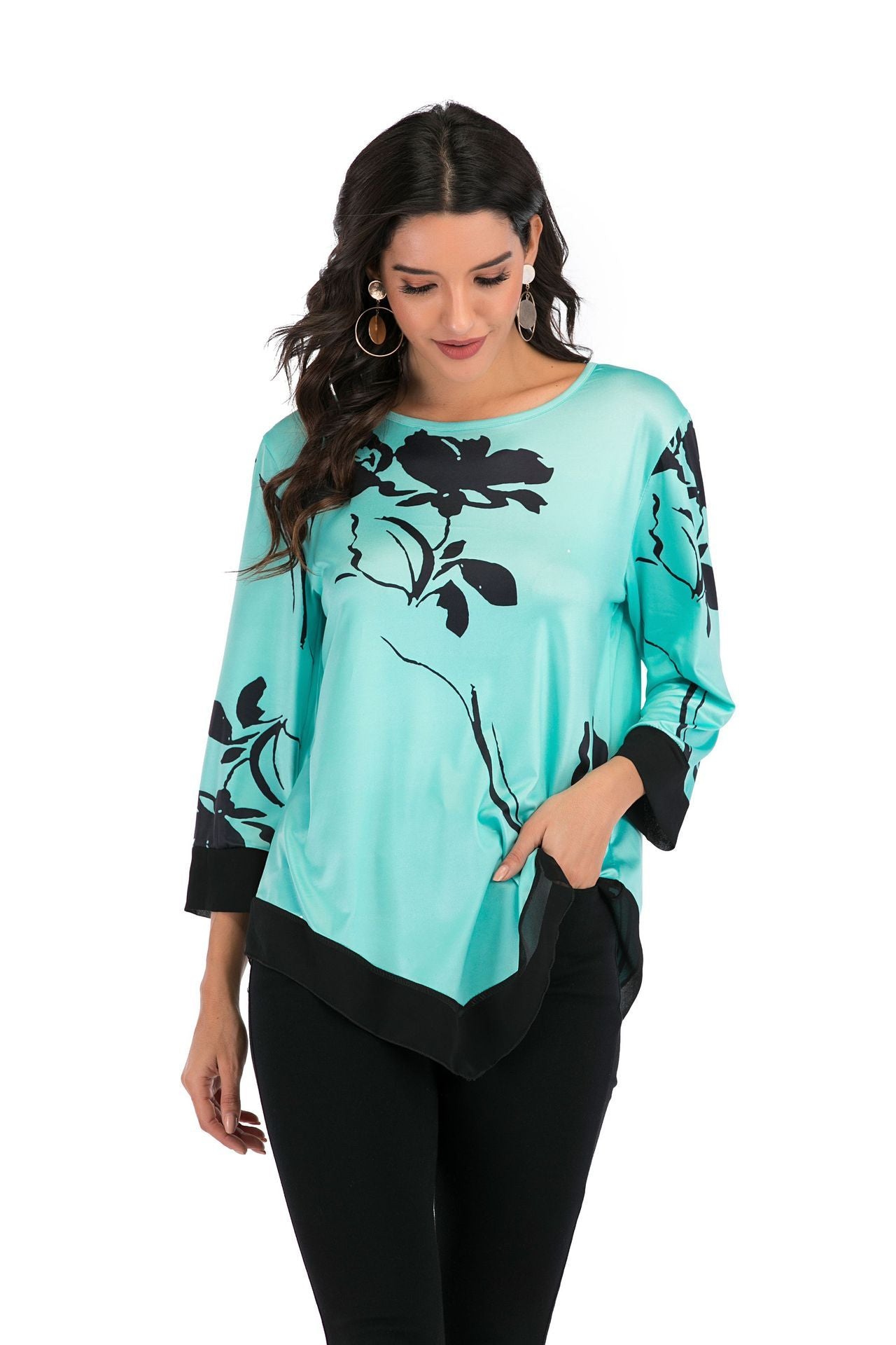 New 2020 Shirt Women Spring Summer Floral Printing Blouse 3/4 Sleeve Casual Hem Irregularity Female fashion shirt Tops Plus Size - shopwomanstore