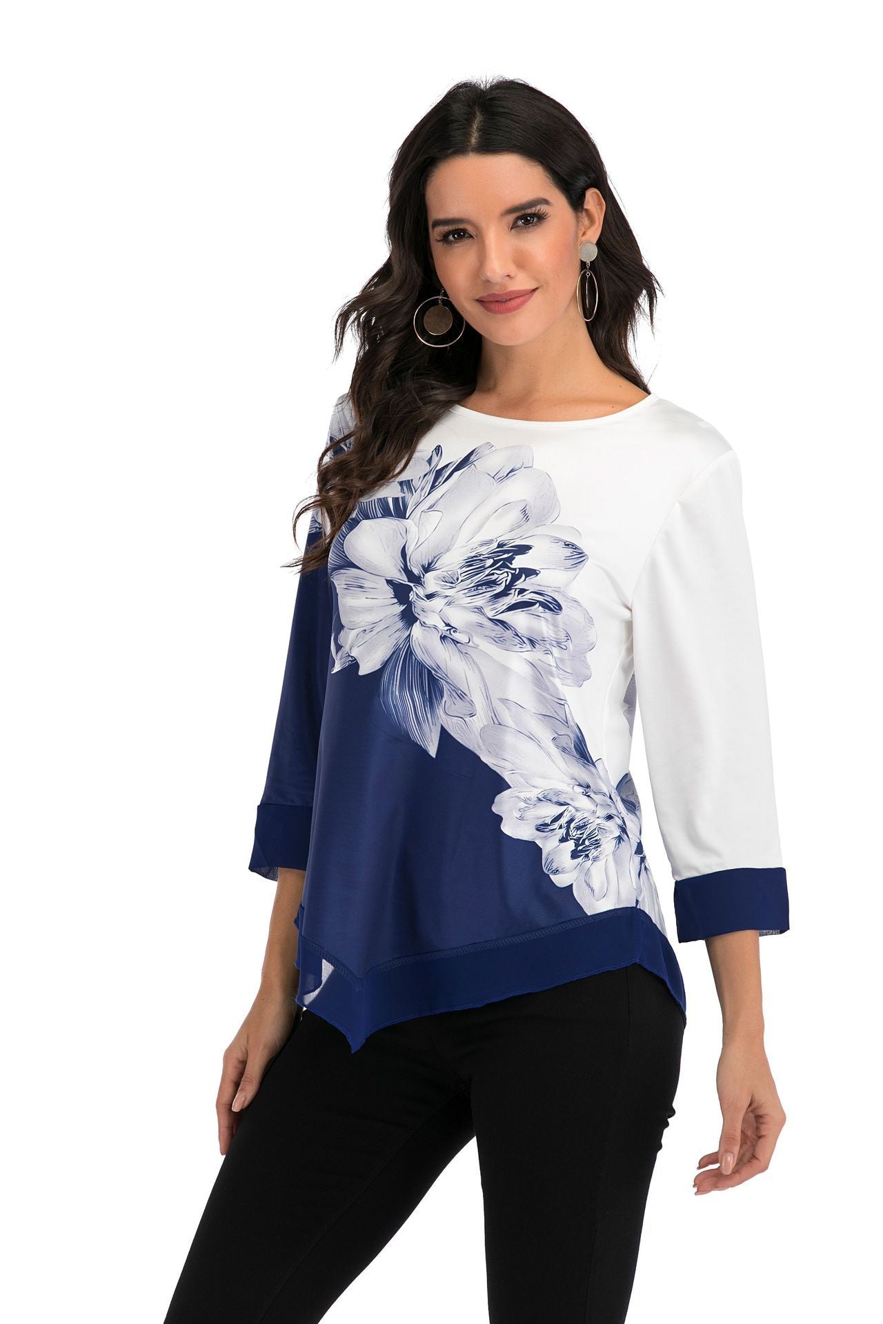 New 2020 Shirt Women Spring Summer Floral Printing Blouse 3/4 Sleeve Casual Hem Irregularity Female fashion shirt Tops Plus Size - shopwomanstore