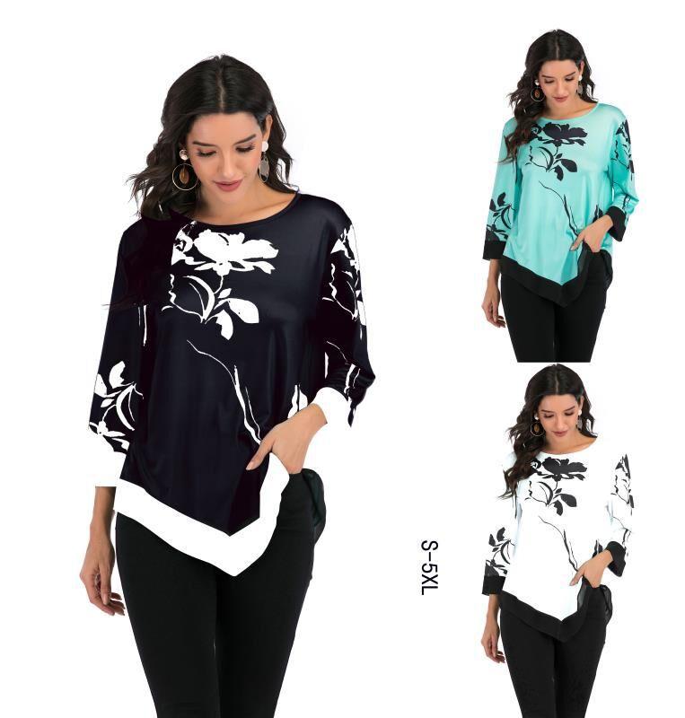 New 2020 Shirt Women Spring Summer Floral Printing Blouse 3/4 Sleeve Casual Hem Irregularity Female fashion shirt Tops Plus Size - shopwomanstore