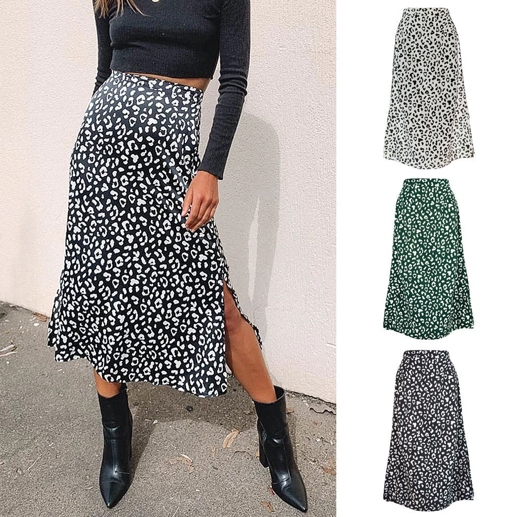 Fashion Sexy Leopard Slit Chiffon Skirt Casual Fashion Long Skirt For Women Spring Summer Elegant Zipper Ladies Skirt - shopwomanstore