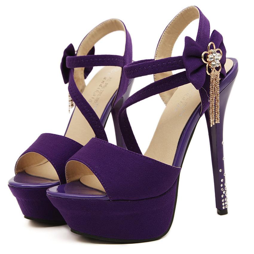 Women Sexy High Heel Sandals Peep Toe Platform Cross Strap Pink Purple Rhinestone - shopwomanstore