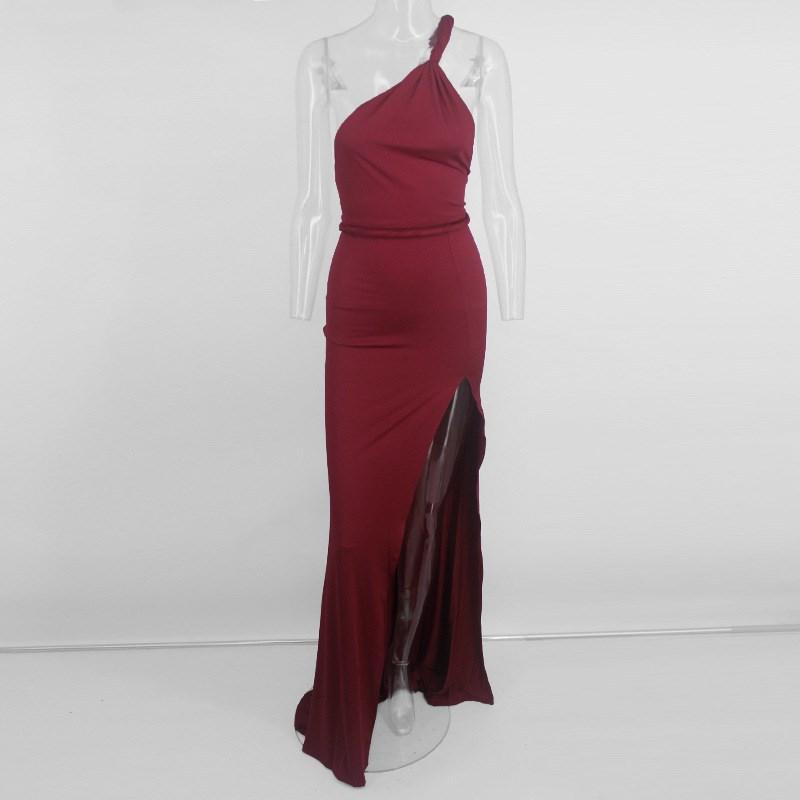 Red One Shoulder Stretch Sleeveless  Floor Length Party Backless Dress - shopwomanstore