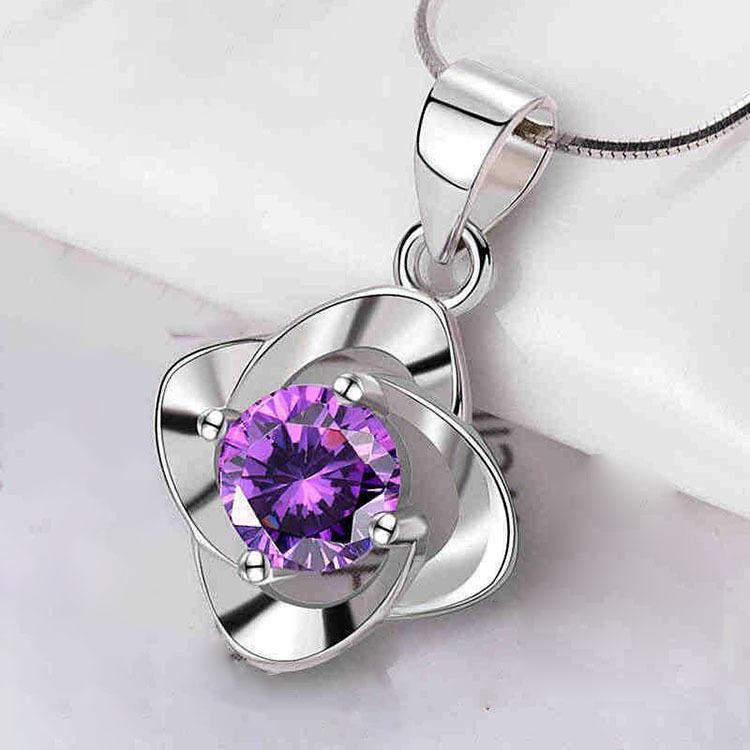 Flower Motif Silver 925 Pendant 17.7 Inch (45 cm) Necklace Solitaire Cubic Zirconia for Women - shopwomanstore