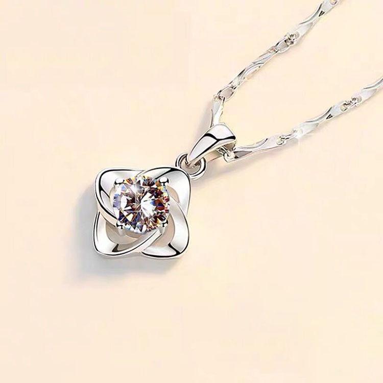 Flower Motif Silver 925 Pendant 17.7 Inch (45 cm) Necklace Solitaire Cubic Zirconia for Women - shopwomanstore