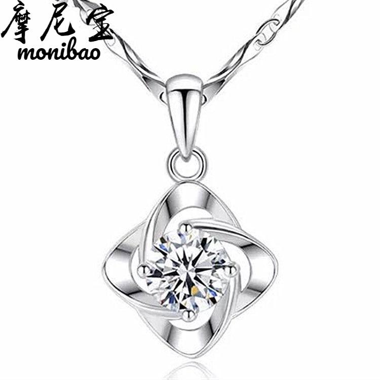 Flower Motif Silver 925 Pendant 17.7 Inch (45 cm) Necklace Solitaire Cubic Zirconia for Women - shopwomanstore