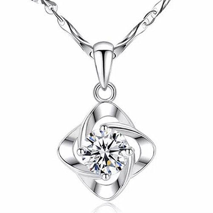 Flower Motif Silver 925 Pendant 17.7 Inch (45 cm) Necklace Solitaire Cubic Zirconia for Women - shopwomanstore