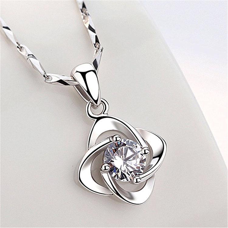 Flower Motif Silver 925 Pendant 17.7 Inch (45 cm) Necklace Solitaire Cubic Zirconia for Women - shopwomanstore