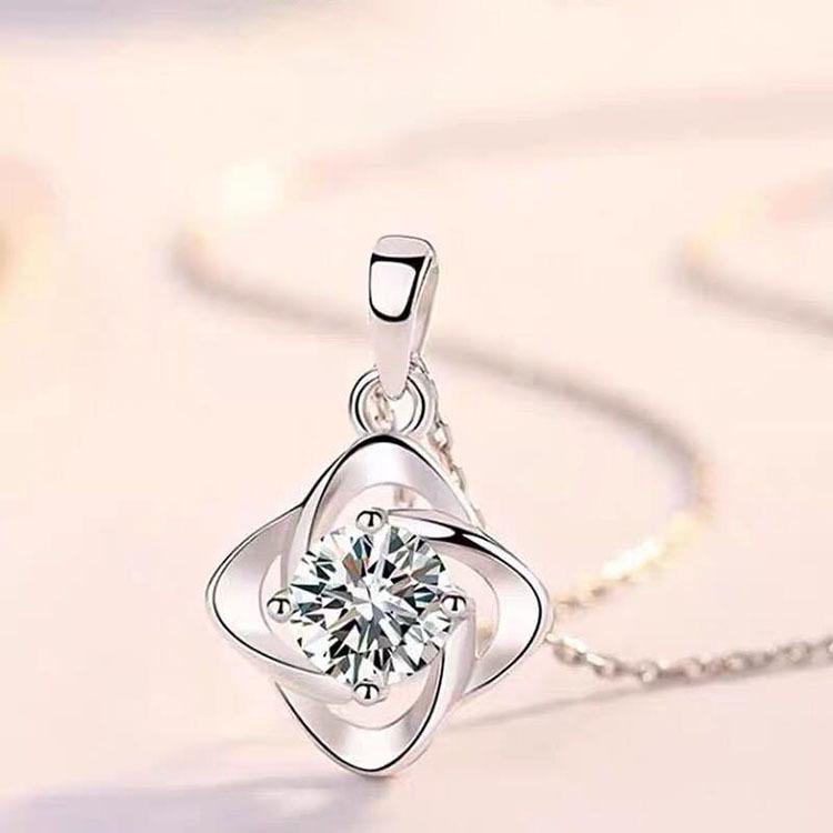 Flower Motif Silver 925 Pendant 17.7 Inch (45 cm) Necklace Solitaire Cubic Zirconia for Women - shopwomanstore