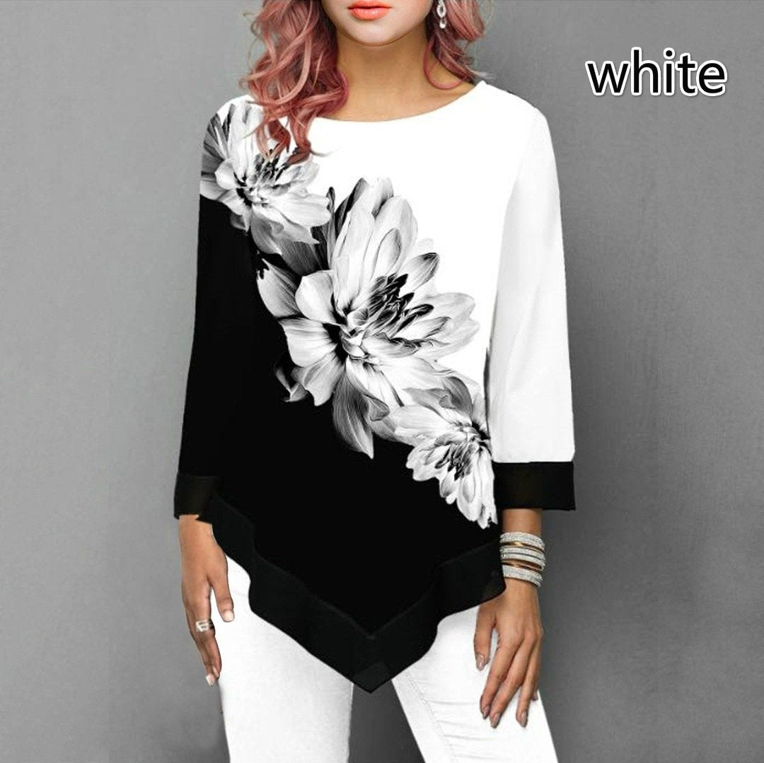 Floral Printing Blouse 3/4 Sleeve Casual Hem Irregularity - shopwomanstore