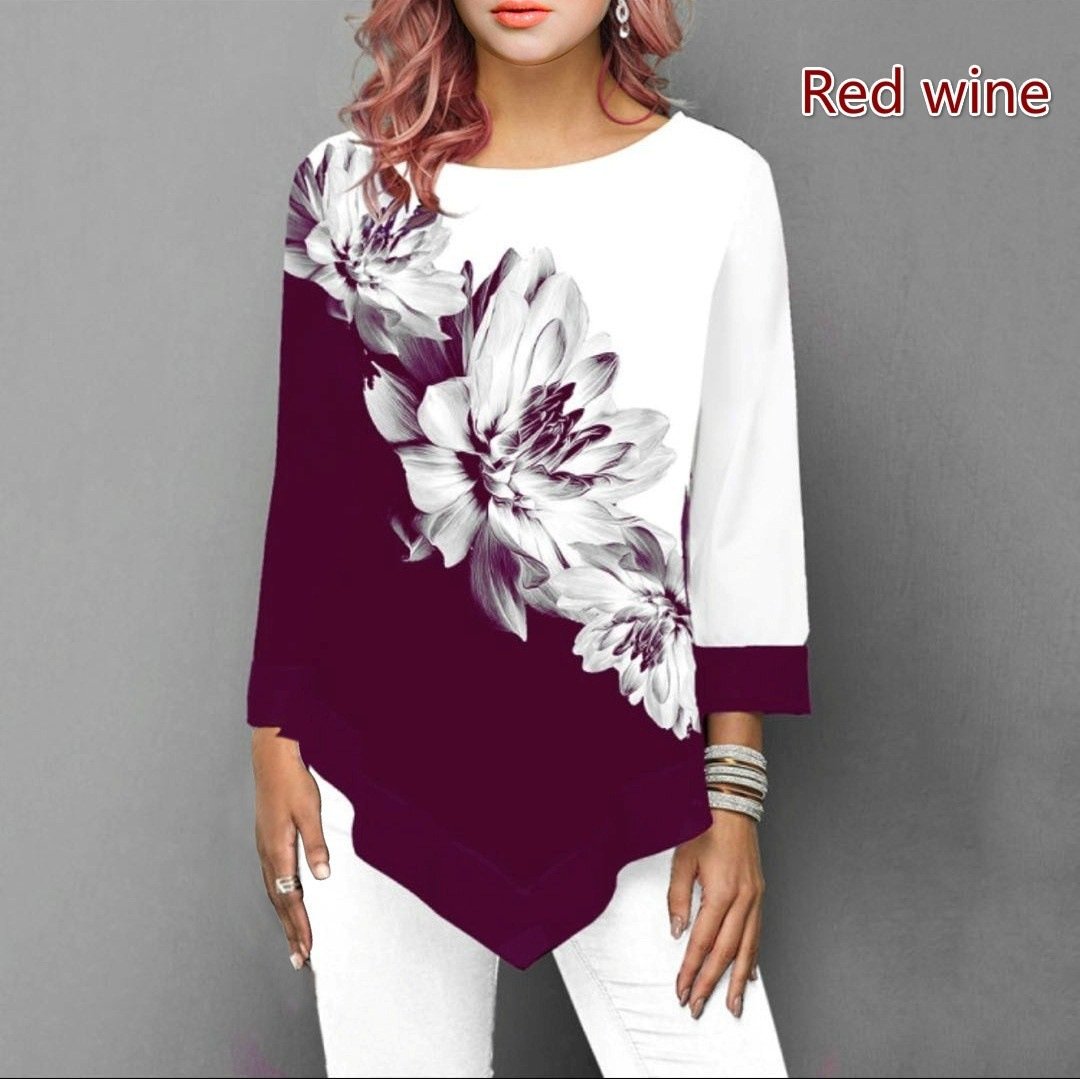 Floral Printing Blouse 3/4 Sleeve Casual Hem Irregularity - shopwomanstore