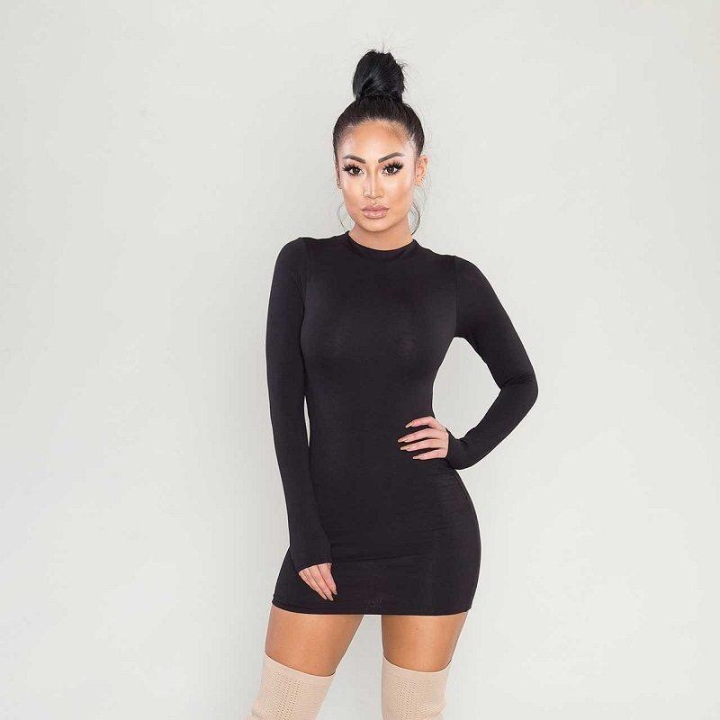 Solid color dresses long sleeve turtle neck sexy ladies dresses fashion women designer clothes - shopwomanstore