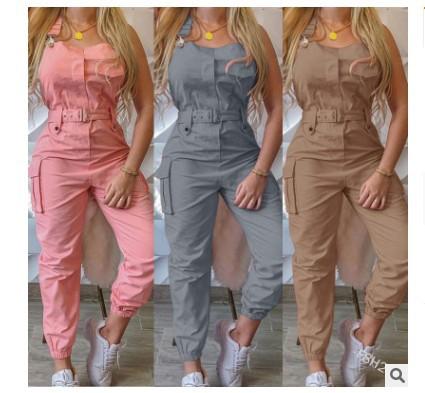 Jumpsuit Khaki Pink Rompers Elegant Pocket Design - shopwomanstore