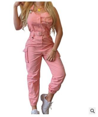 Jumpsuit Khaki Pink Rompers Elegant Pocket Design - shopwomanstore