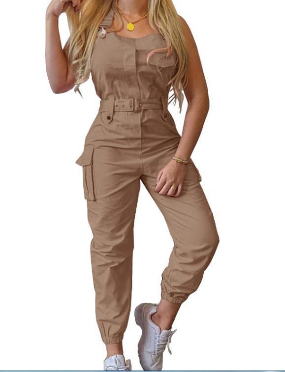 Jumpsuit Khaki Pink Rompers Elegant Pocket Design - shopwomanstore