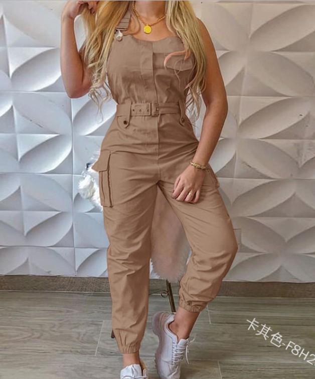 Jumpsuit Khaki Pink Rompers Elegant Pocket Design - shopwomanstore