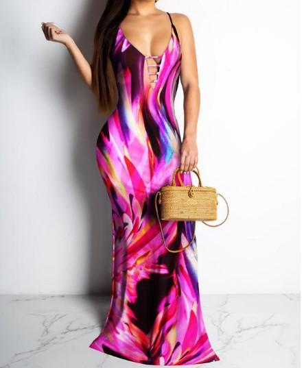 Floral V Neck Maxi Dress Braces Skirt - shopwomanstore