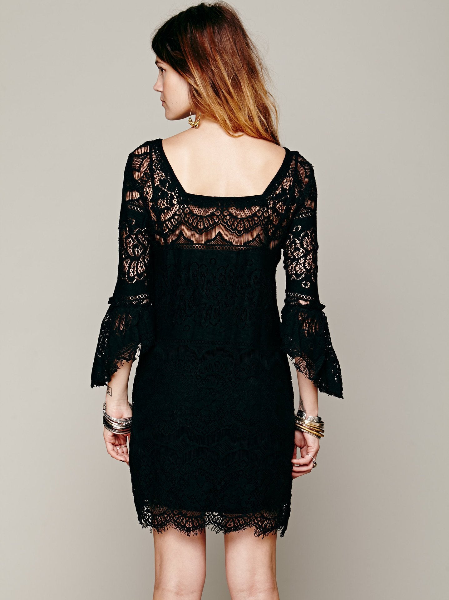 lace dress shift day dress square neckline 3/4 length sleeve women - shopwomanstore