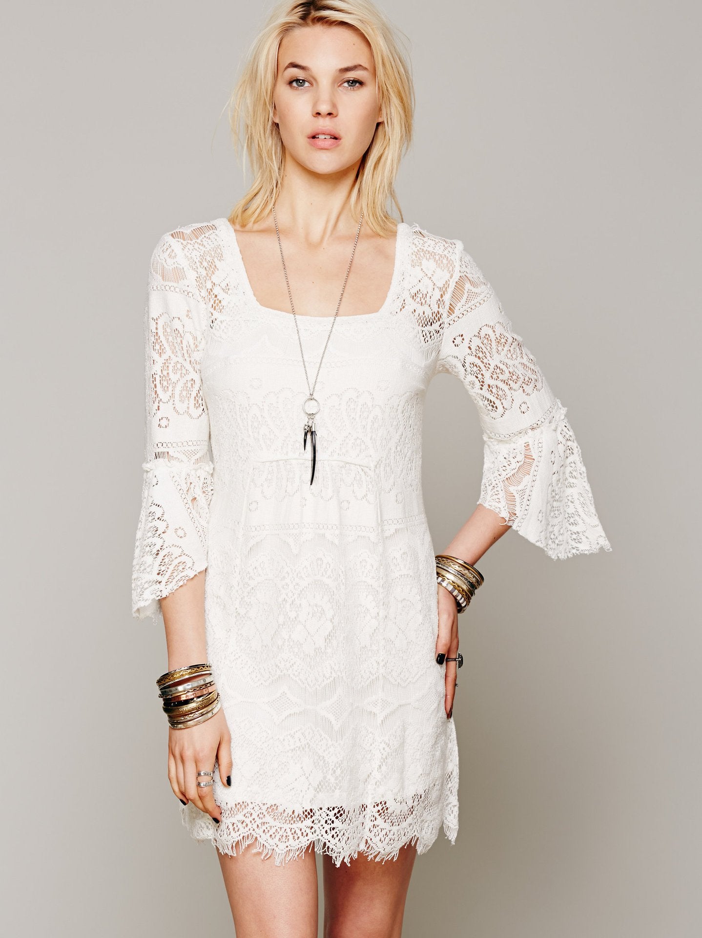 lace dress shift day dress square neckline 3/4 length sleeve women - shopwomanstore