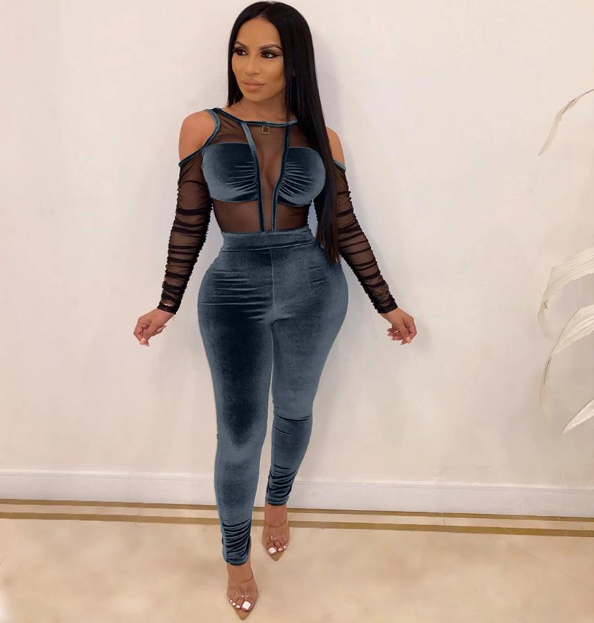 Mesh Velvet Bodycon Jumpsuit Long Sleeve Sexy Overalls - shopwomanstore