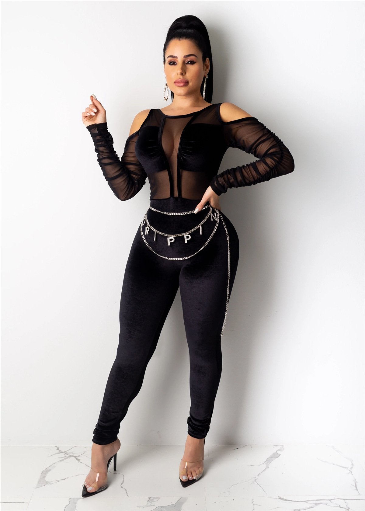 Mesh Velvet Bodycon Jumpsuit Long Sleeve Sexy Overalls - shopwomanstore