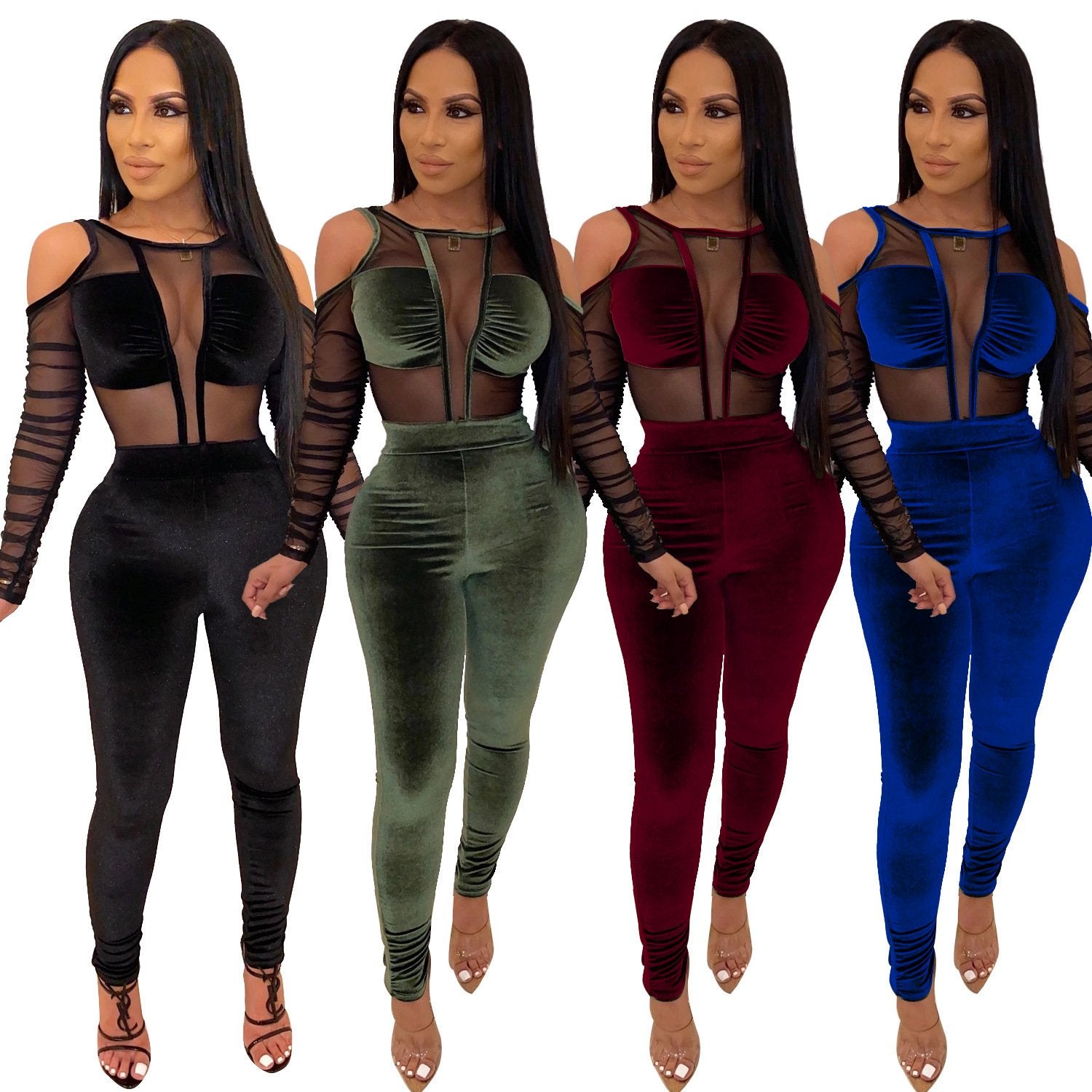 Mesh Velvet Bodycon Jumpsuit Long Sleeve Sexy Overalls - shopwomanstore