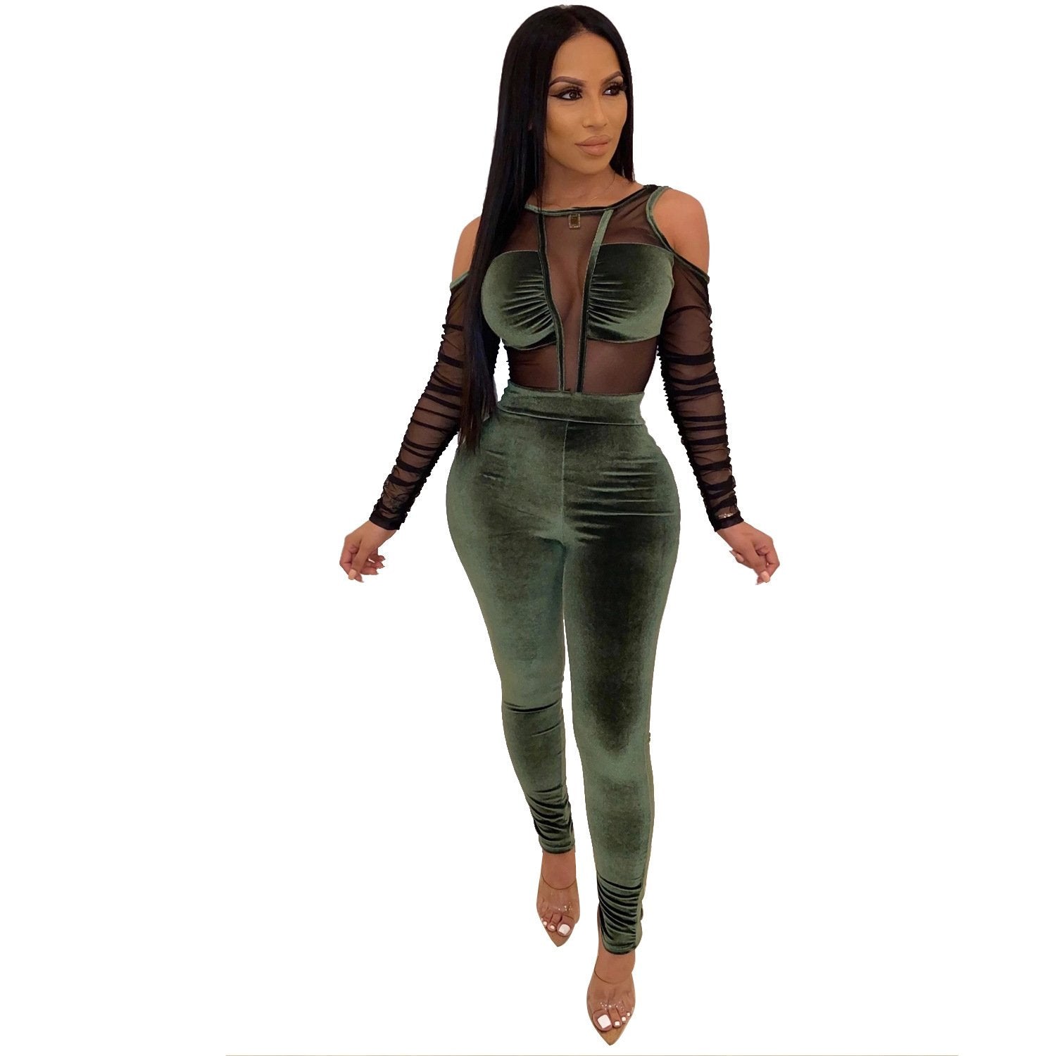 Mesh Velvet Bodycon Jumpsuit Long Sleeve Sexy Overalls - shopwomanstore