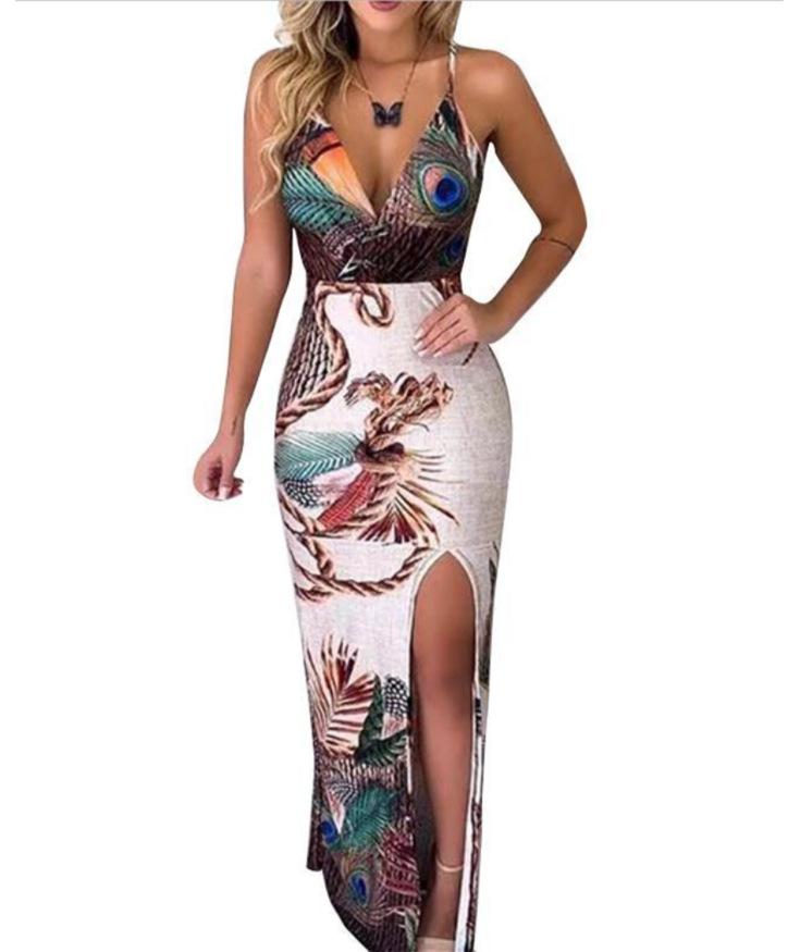 Women's Dress Peacock Feather Print Skirt Sleeveless Thigh Slit Long Dress - shopwomanstore