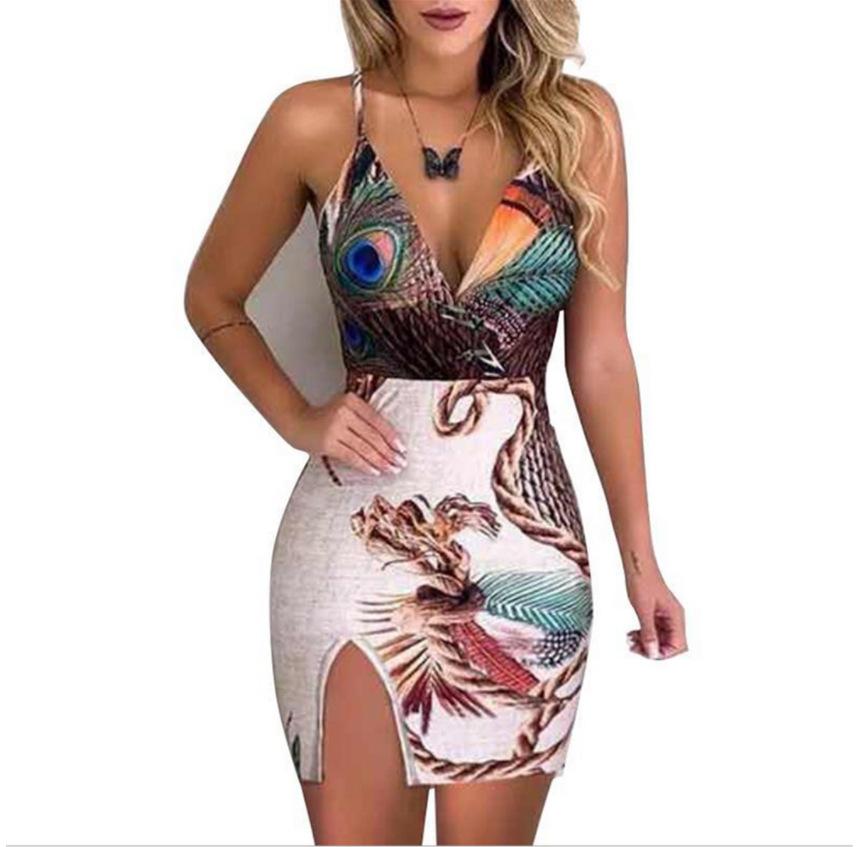 Women's Dress Peacock Feather Print Skirt Sleeveless Thigh Slit Long Dress - shopwomanstore