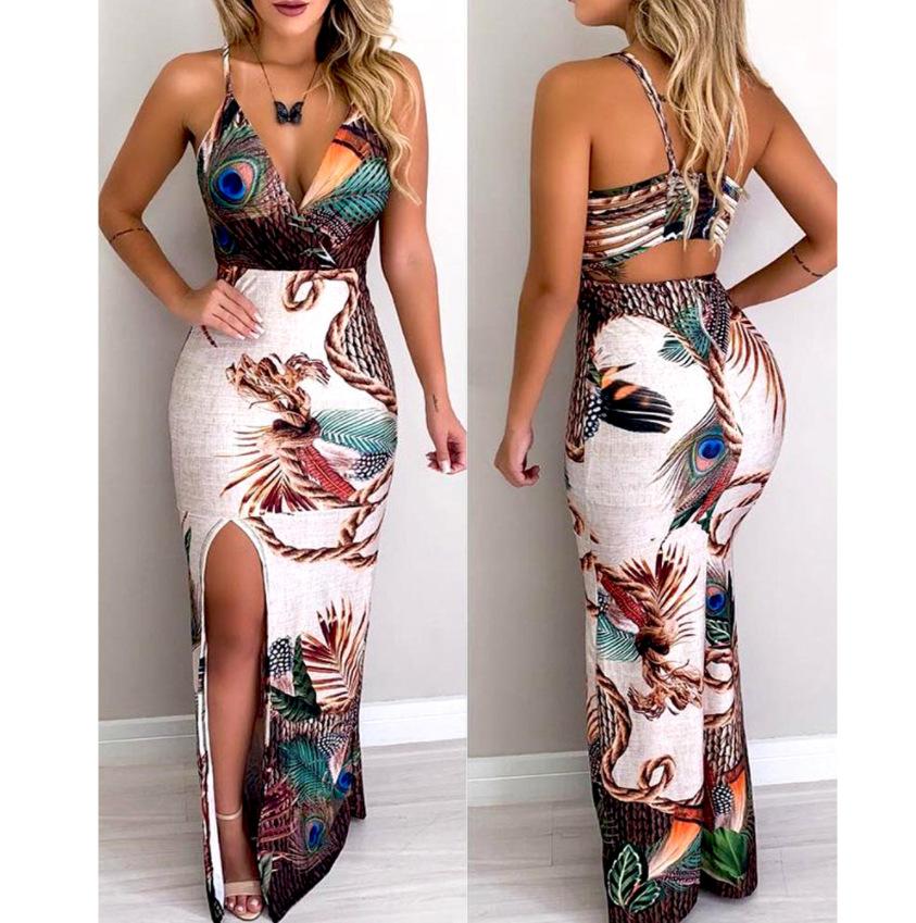 Women's Dress Peacock Feather Print Skirt Sleeveless Thigh Slit Long Dress - shopwomanstore