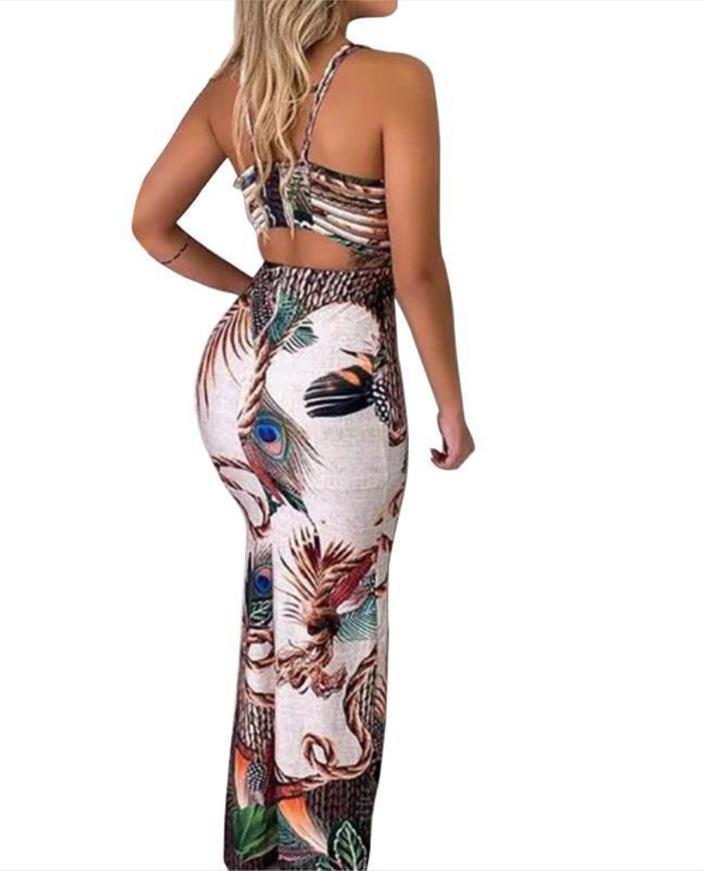 Women's Dress Peacock Feather Print Skirt Sleeveless Thigh Slit Long Dress - shopwomanstore