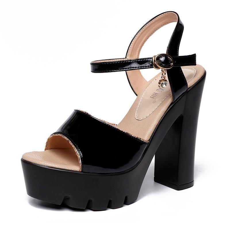 Patent Leather Block Heel Shoes Women Platform Sandals - shopwomanstore