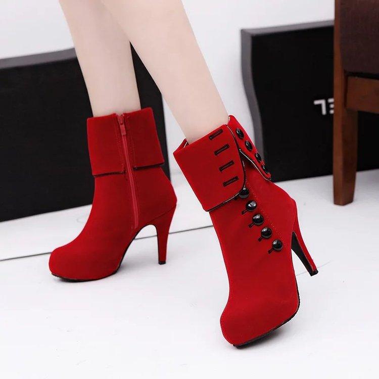 Women Velvet Buckle High Heel Ankle Boots Platform Footwear Red Fashion 42 - shopwomanstore