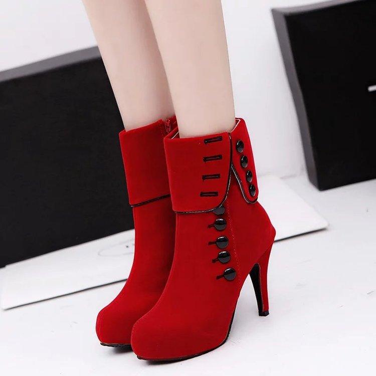 Women Velvet Buckle High Heel Ankle Boots Platform Footwear Red Fashion 42 - shopwomanstore