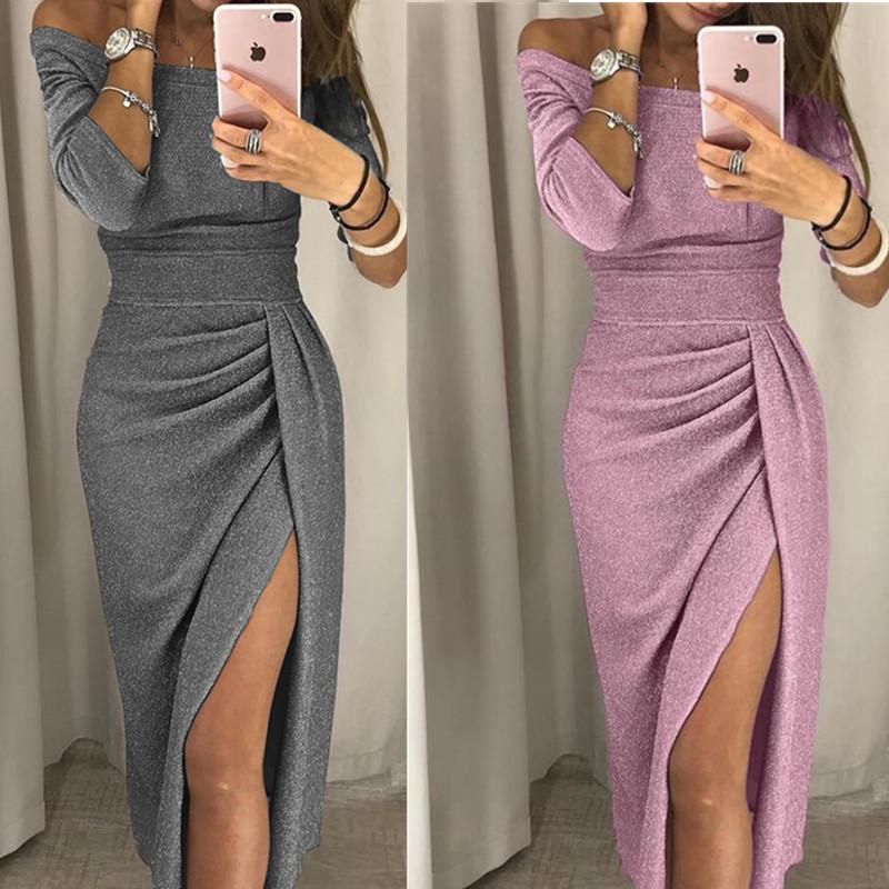 Women Off Shoulder Bodycon Dress Split Maxi Dress - shopwomanstore