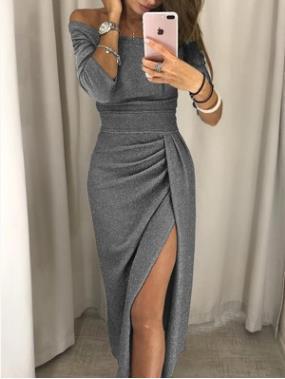 Women Off Shoulder Bodycon Dress Split Maxi Dress - shopwomanstore