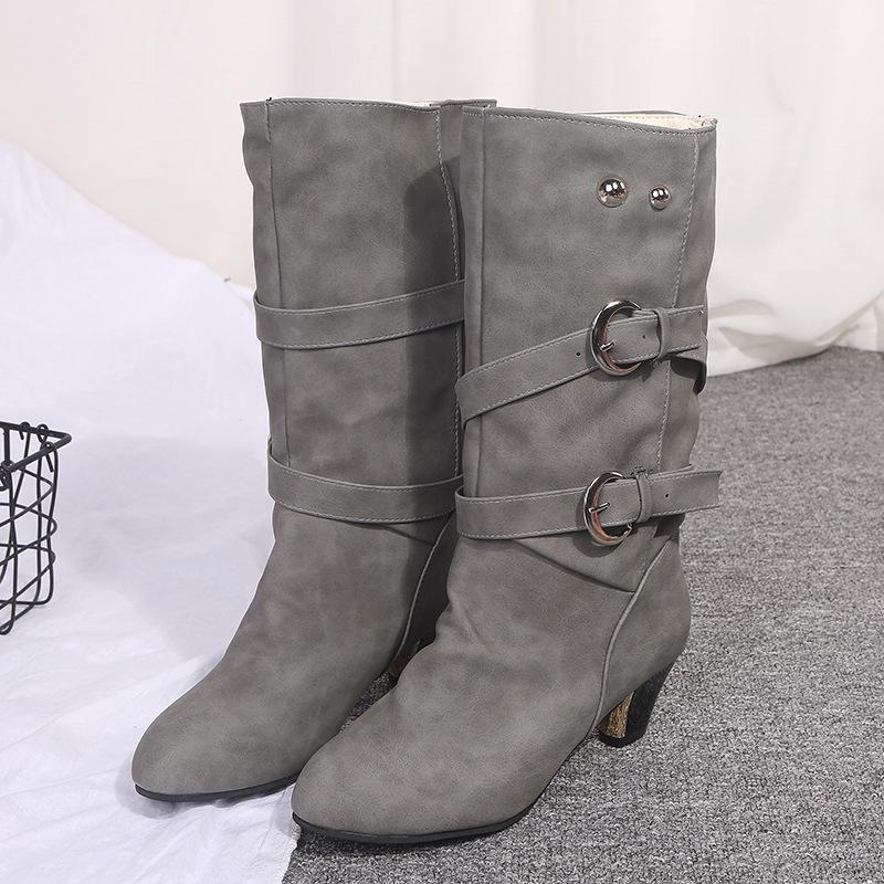 Thin High Heel Round Toe  Leather Boots Size - shopwomanstore