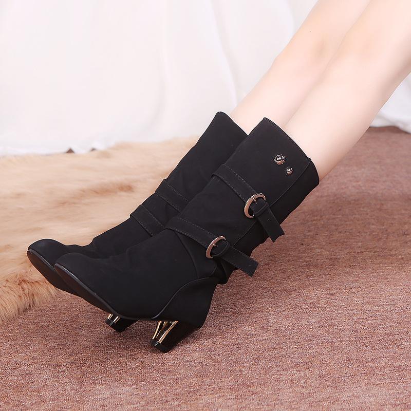 Thin High Heel Round Toe  Leather Boots Size - shopwomanstore