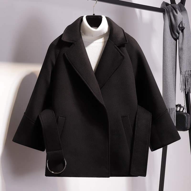 Women Short Woolen Coat Belt Jacket - shopwomanstore