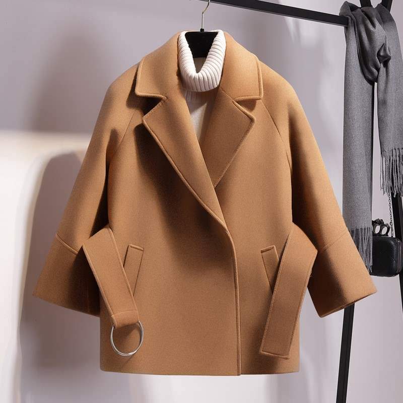 Women Short Woolen Coat Belt Jacket - shopwomanstore