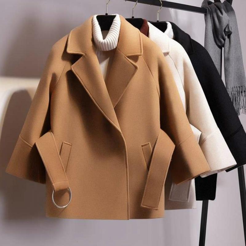 Women Short Woolen Coat Belt Jacket - shopwomanstore